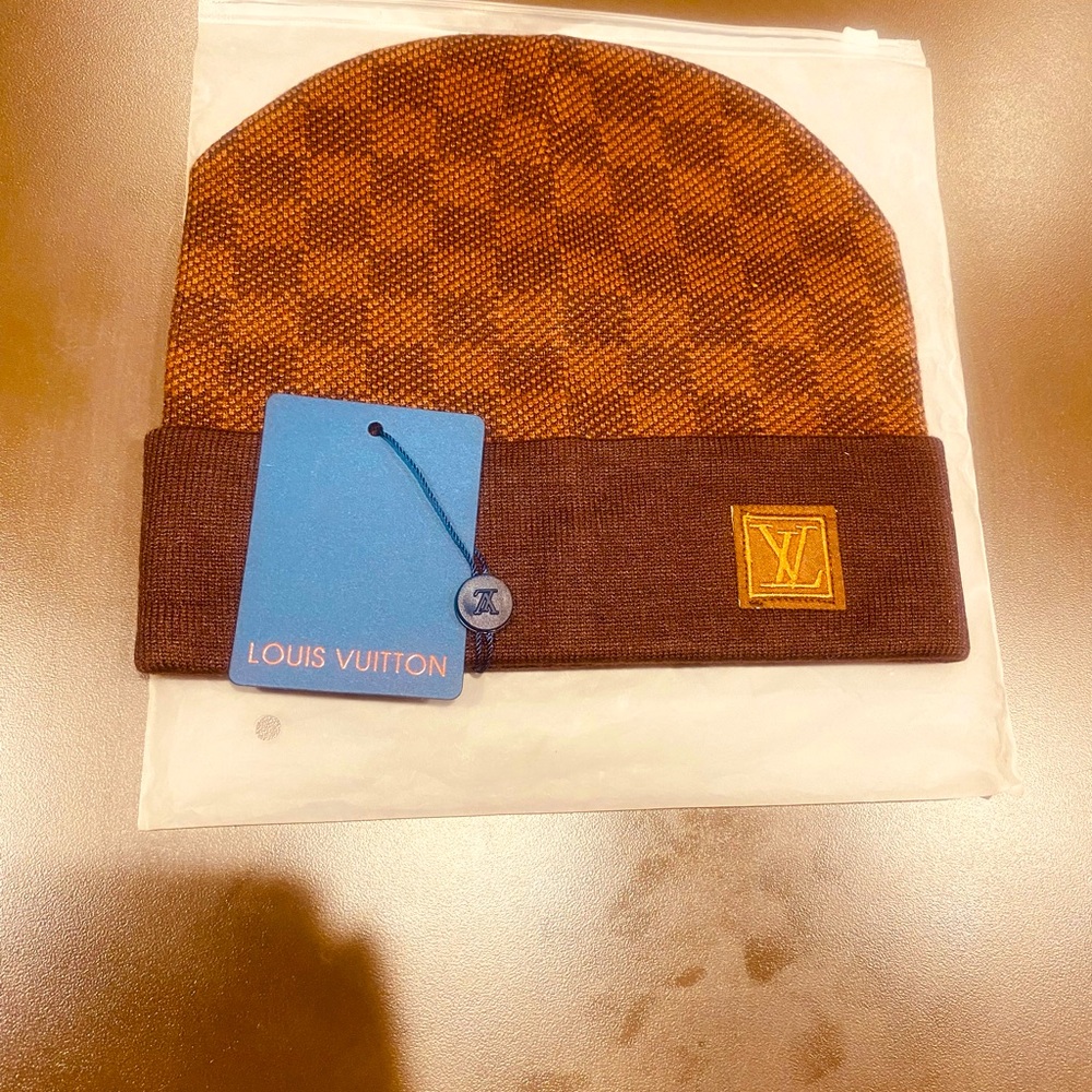 Lv monogram checkered brown beanie. New